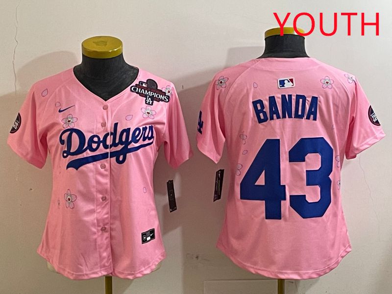 Youth Los Angeles Dodgers #43 Banda Pink White Blue Sakura Edition 2025 Nike MLB Jersey style 6